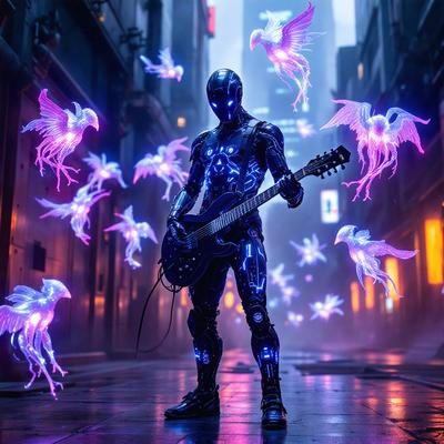 The primary subject of the image is a man holding a guitar, surrounded by a group of purple birds. The man appears to be a musician, and the birds are scattered throughout the scene, creating a lively and vibrant atmosphere. The setting is a dark alley, which adds to the mysterious and artistic visual style of the image. The dominant colors are purple and blue, giving the scene a unique and captivating appearance.